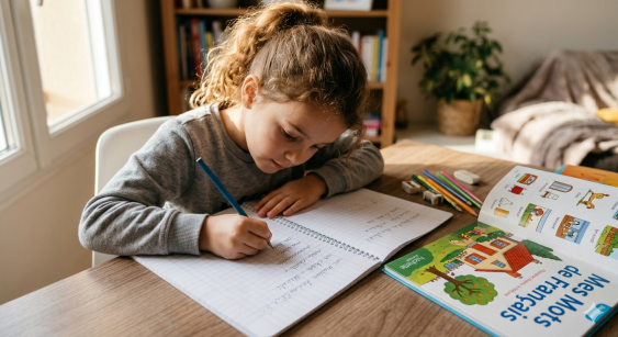 A close-up photograph of a focused young girl writing French vocabulary words in a spiral-bound notebook, with an open French children's picture book titled 'Mes Mots de Français' on the wooden table beside her.