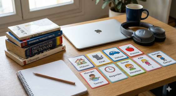 A clean, organized spread of French study materials including diverse books, a silver laptop, dark grey headphones, a sharpened pencil, and rows of colorful French vocabulary flashcards on a wooden desk.