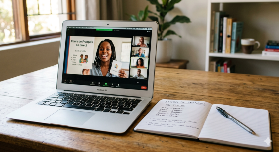 A realistic photograph of a laptop screen displaying an online French class video call, with an open notebook containing handwritten study notes and a black pen resting nearby on a wooden desk.