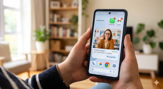 A photo of a smartphone displaying WhatsApp and Email icons, alongside a photo of a smiling teacher in the Frenchora support section.