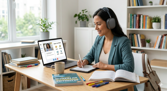 An adult Hispanic woman, wearing headphones, engages in an online French class in her home office, taking notes while holding a coffee mug, showcasing the programme's accessibility.